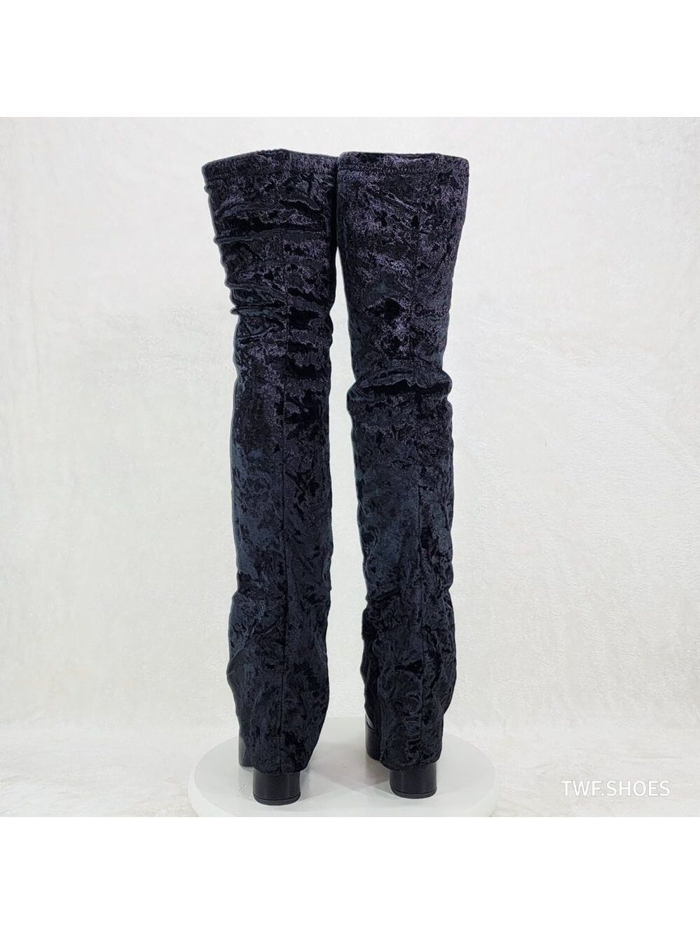 Unique Thigh High Black Velvet Fold over Skirted Chunky Heel Platform Boots - Picture 8 of 17